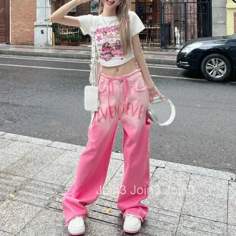 Loosefit Wide Leg Womens Jeans Pink Z Xxl Retro Fashion Trousers Casual Wholesale Top Selling Stretched Cowboy Pants for Woman