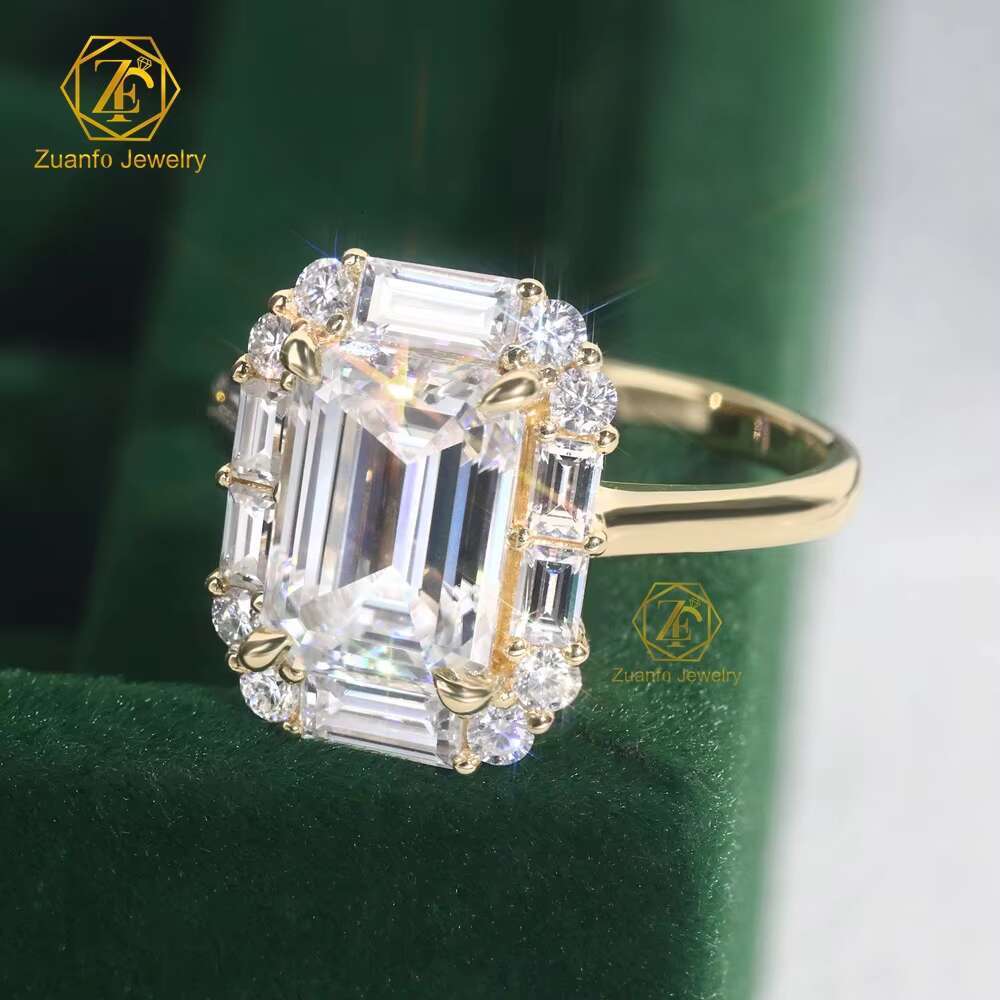 Custom Made Emerald Cut Moissanite D VVS1 10k 14k 18k Solid Yellow Gold Deshimer Jewelry Rings for Women