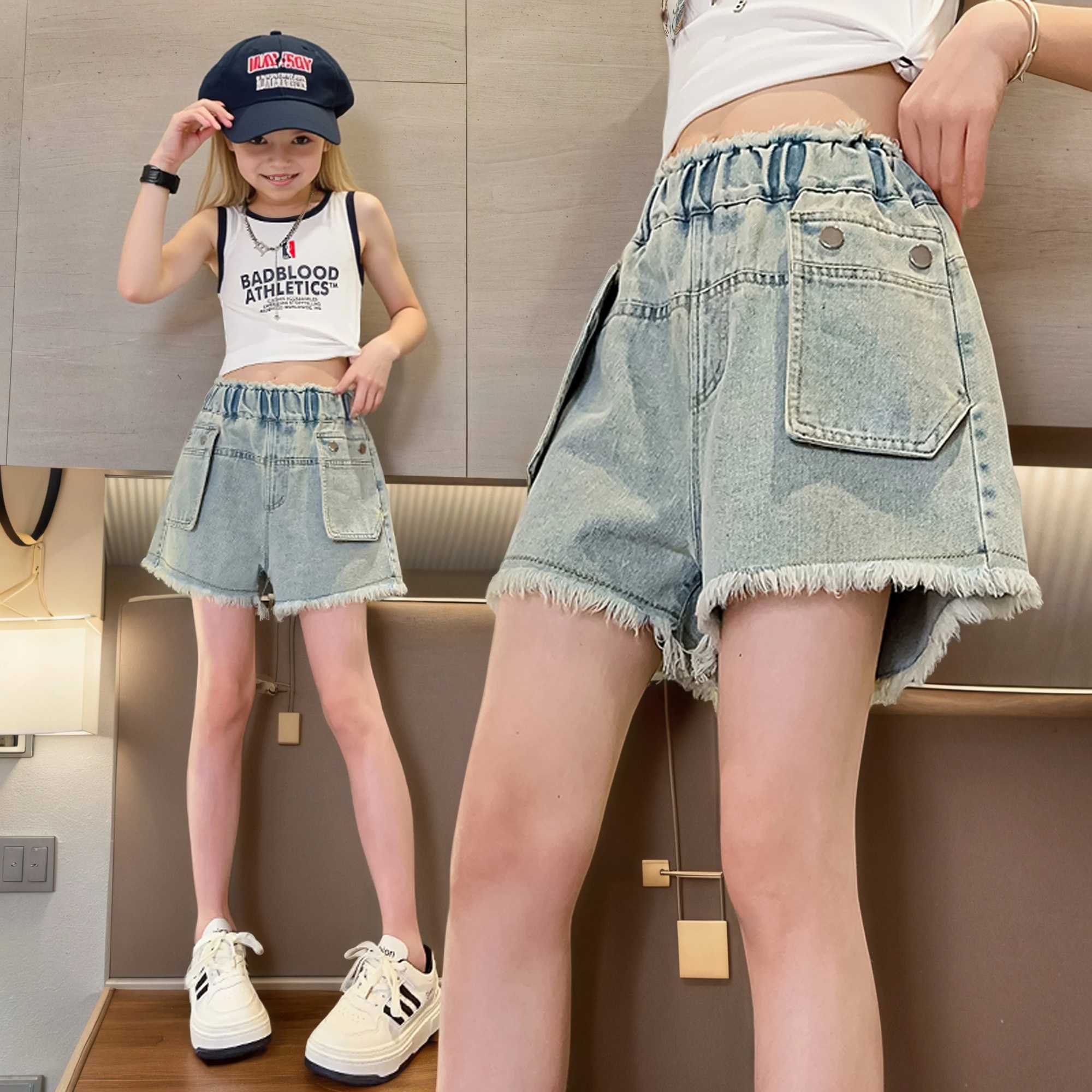 Girls summer big pocket breasted shorts 2025 summer new product fashion jeans casual sports shorts 5-15 years oldC250617