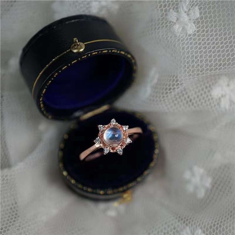 New Natural Moonstone Snowflake Open Ring Women Shiny Crystal Rose Gold Birthday Gift for Her