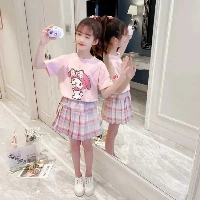 Sanrio Girl Sanrios Child Suit Summer Clothing Student Anime Round Collar T-Shirt Lattice Short Skirt Cartoon Two-Piece Set KawaiiXJ250618