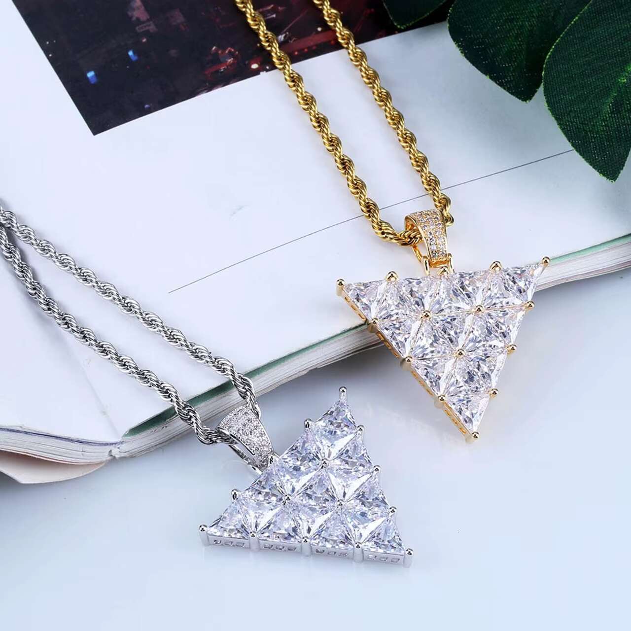 New Arrival Luxury 925 Sterling Silver Inverted All-Iced Triangle Shape Princess Cut Moissanite Pendant Necklaces for Men Women