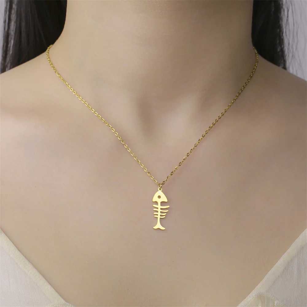 My Shape Cat and Fish Bones Pendant Necklaces for Women Girls Kitten Animals Charms Neck Chain Choker Stainless Steel Jewelry W250618