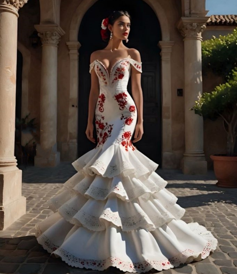 Elegant Mermaid Evening Dresses Ruffles Tiered White And Red Reception Gown Floral Lace Applique Flamenco Prom Dress