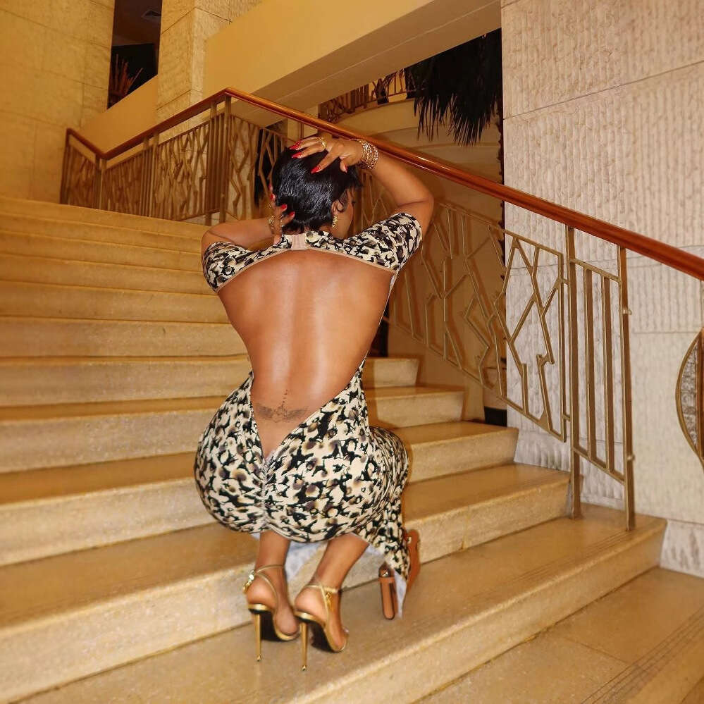 New Fashion Leopard Print Slim Fit Sexy Bodycon Backless Short Sleeve High Neck Long Dress For Women B5
