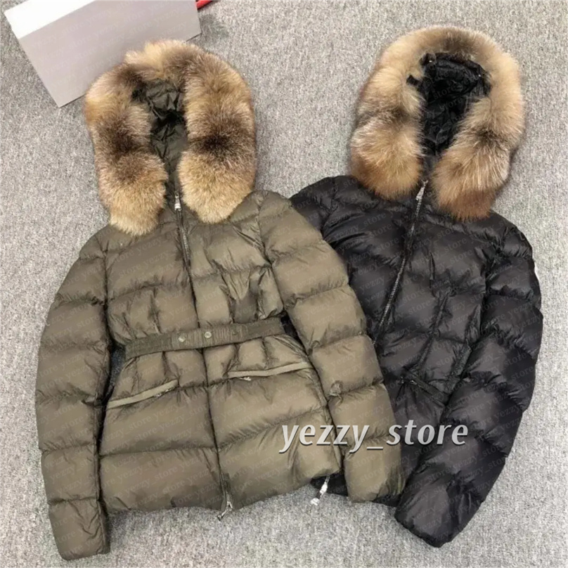 Designer Winter Women's down Jacket Fox Fur collar Embroidered Boed badge Warm Fashion Jacket with Belt Women's cotton coat with large pockets tucked in waist A04