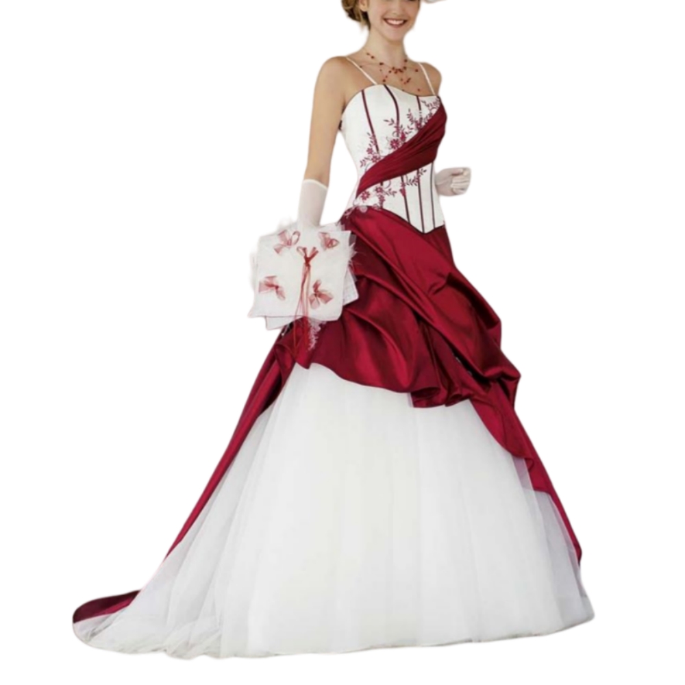 Dark Red And White Wedding Dress Ruched Appliques Spaghetti Straps Long Elegant Bridal Gown Customized A-Line Vintage Bride Formal Wear