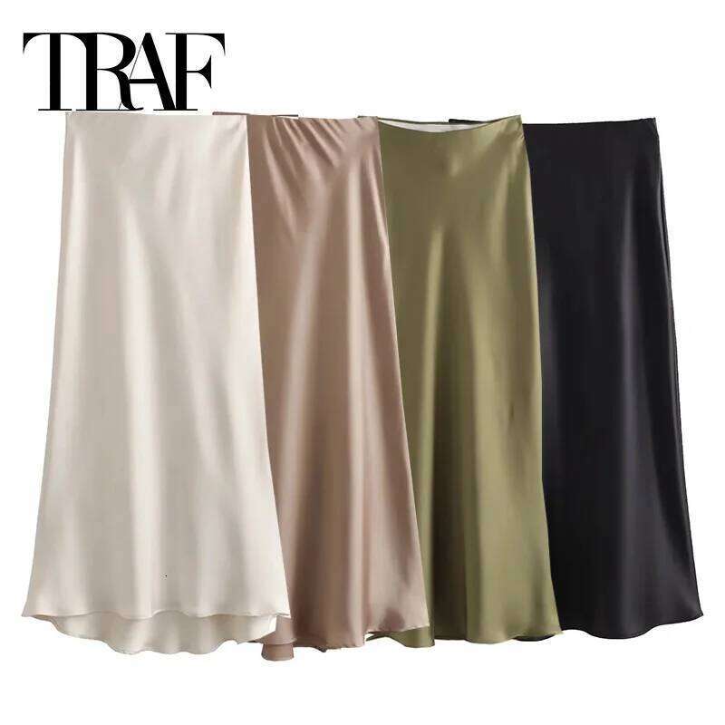 Wear TRAF Woman Satin High Waist Long For Women Summer Black Midi Skirt Office Elegant Women's Skirts