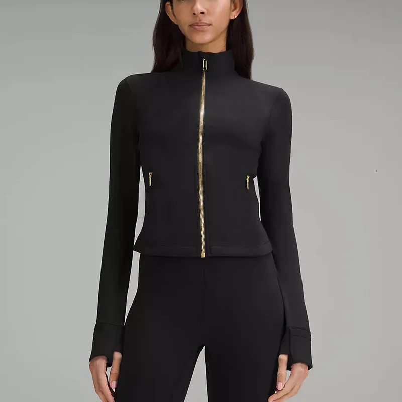 Cropped Gold Zipper Yoga Jacket Stand Up Collar Yogo Clothes Long-Sleeve Thumb Hole Training Running Sweateshirt Women Slim Fitness Coat Sports Outfit