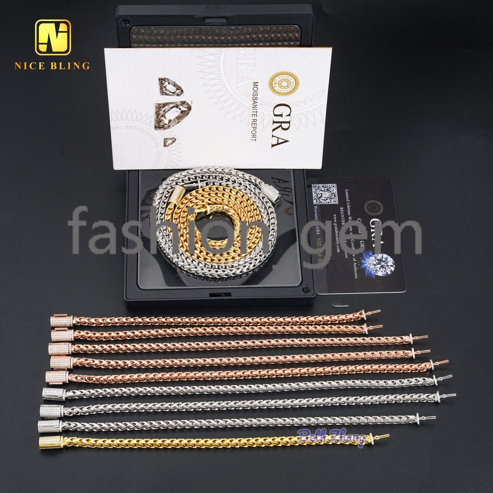 Fashion Hip Hop Franco Chain Wholesale Jewelry Unisex Silver 4mm Charm Chains Moissnite Lock Franci Necklace Bracelet