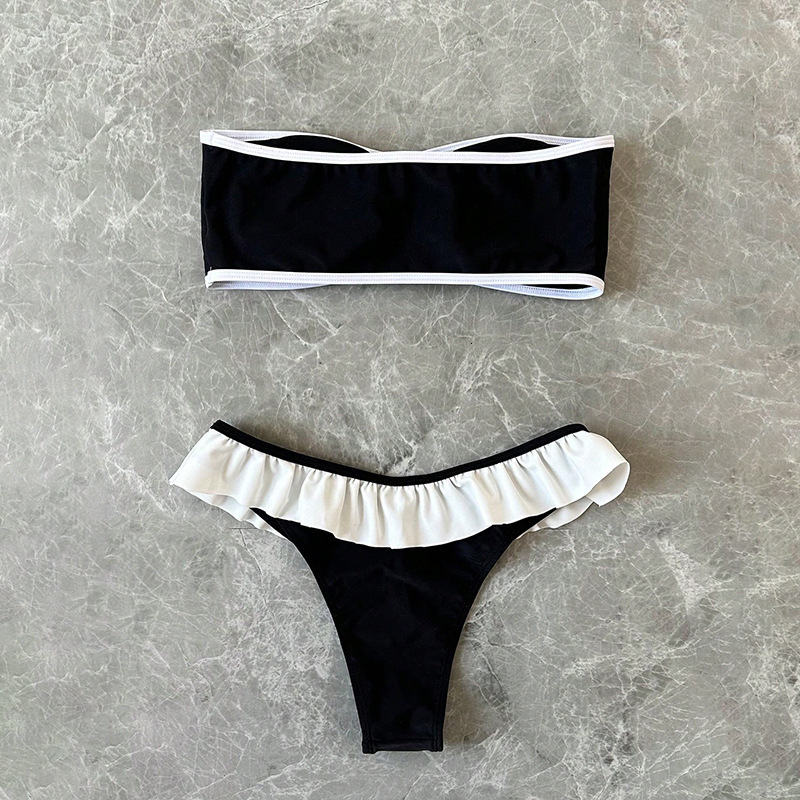 Sexy swimsuit 2025 new European and American style women's two-piece swimsuit with ruffled edge backless sexy bikini beach hot spring swimsuit
