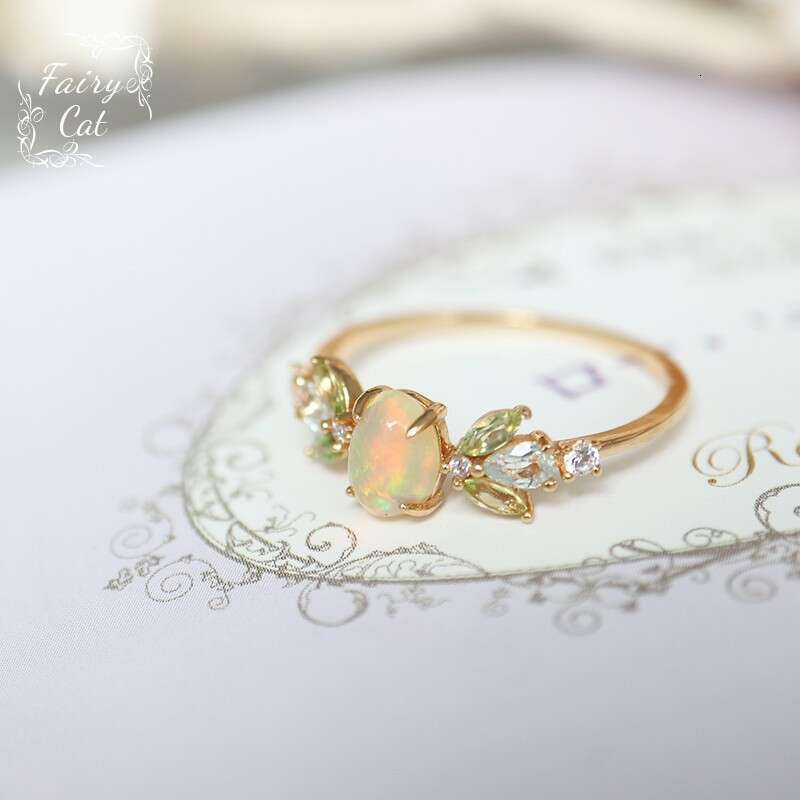 Natural Opal Protein Stone Peridot White Crystal Leaf Light Luxury Same Style 14K Plated Ring