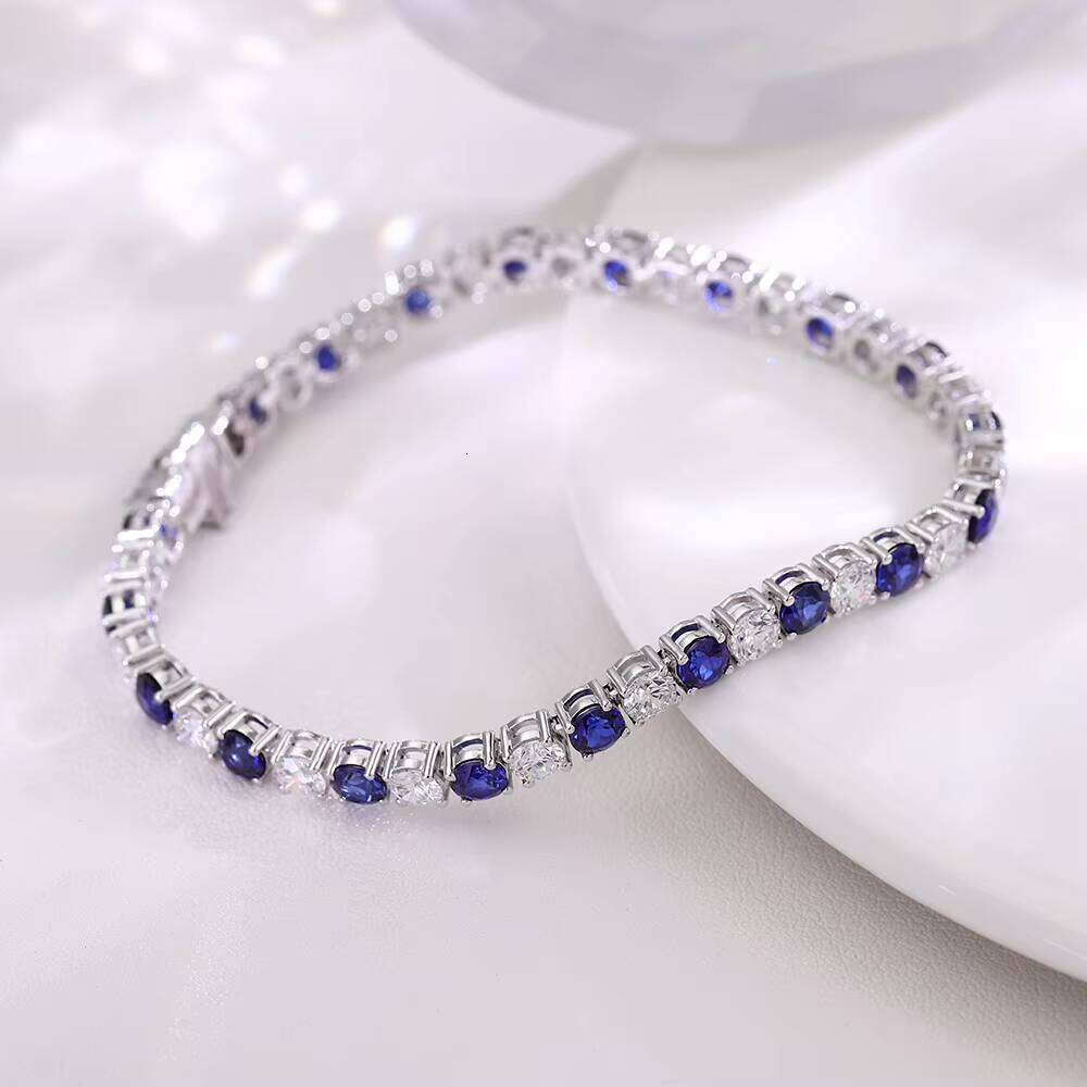 Premium Jewelry Lab-Grown 4mm Deep Blue with 14k White Gold Tennis Chain Bracelet