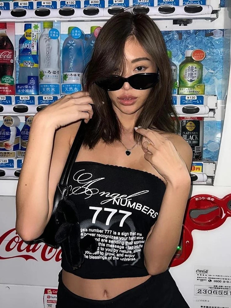 Nibber Letter Digit Print Tops High Elasticity Sleeveless Backless Wave Edge Street Summer Trend Versatile Simple Sexy Clothes 250617