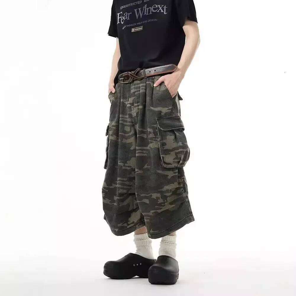 Wear Vintage Camouflage Work Jeans Men's Loose Fit Summer Trendy Straight Wide Leg Seven Point Pants Casual Streetwear