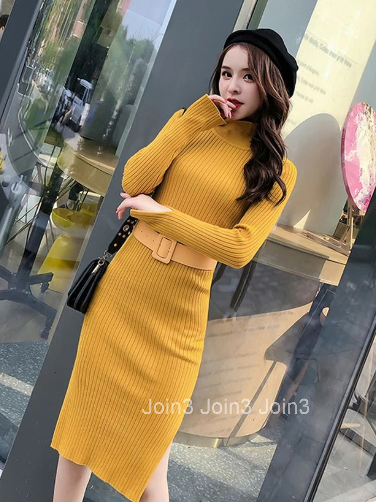 Womens Dresses Crochet Knee Length Brown Knit Clothing Cover Up Solid Turtleneck Bodycon Midi Female Dress M Autumn and Winter
