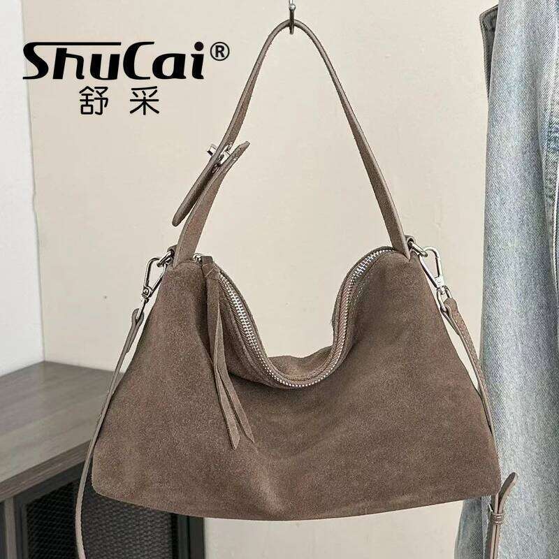 fashion autumn winter big boston tote soft matte suede cow leather womens handbag shoulder crossbody bag for women grey brown