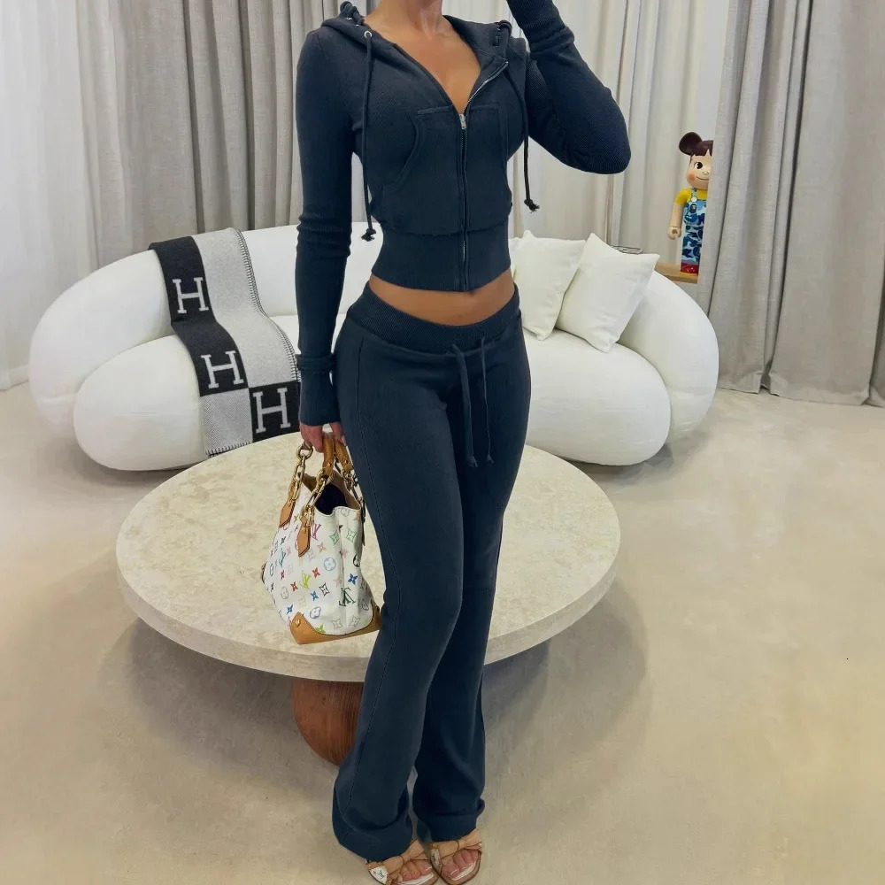 Leosoxs Patchwork 2 Piece Set Tracksuit Women Zip Wide Waist Crop Hooded Pocket Jacket Sporty Pants Matching Casual Basic Suit 250617