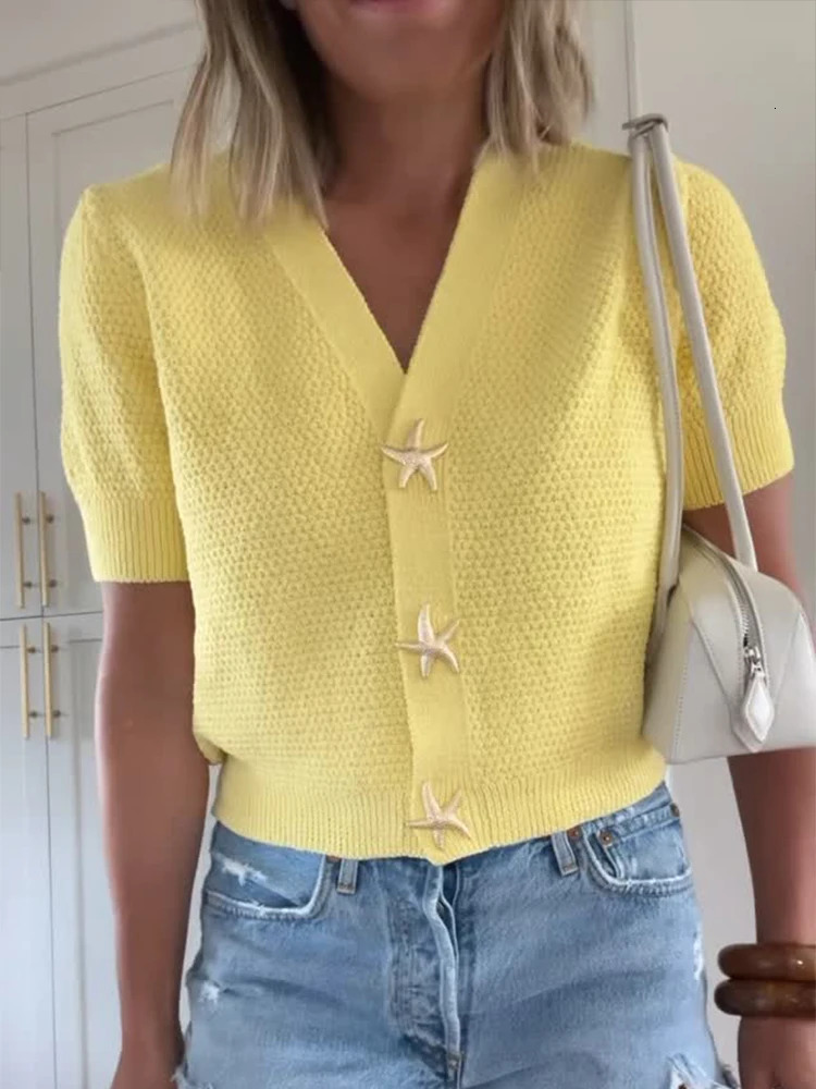 V Neck Knit Yellow Shirt Women Solid Casual Loose Starfish Button Short Sleeved T-shirt 2025 Summer Commuting Lady Tops 250617