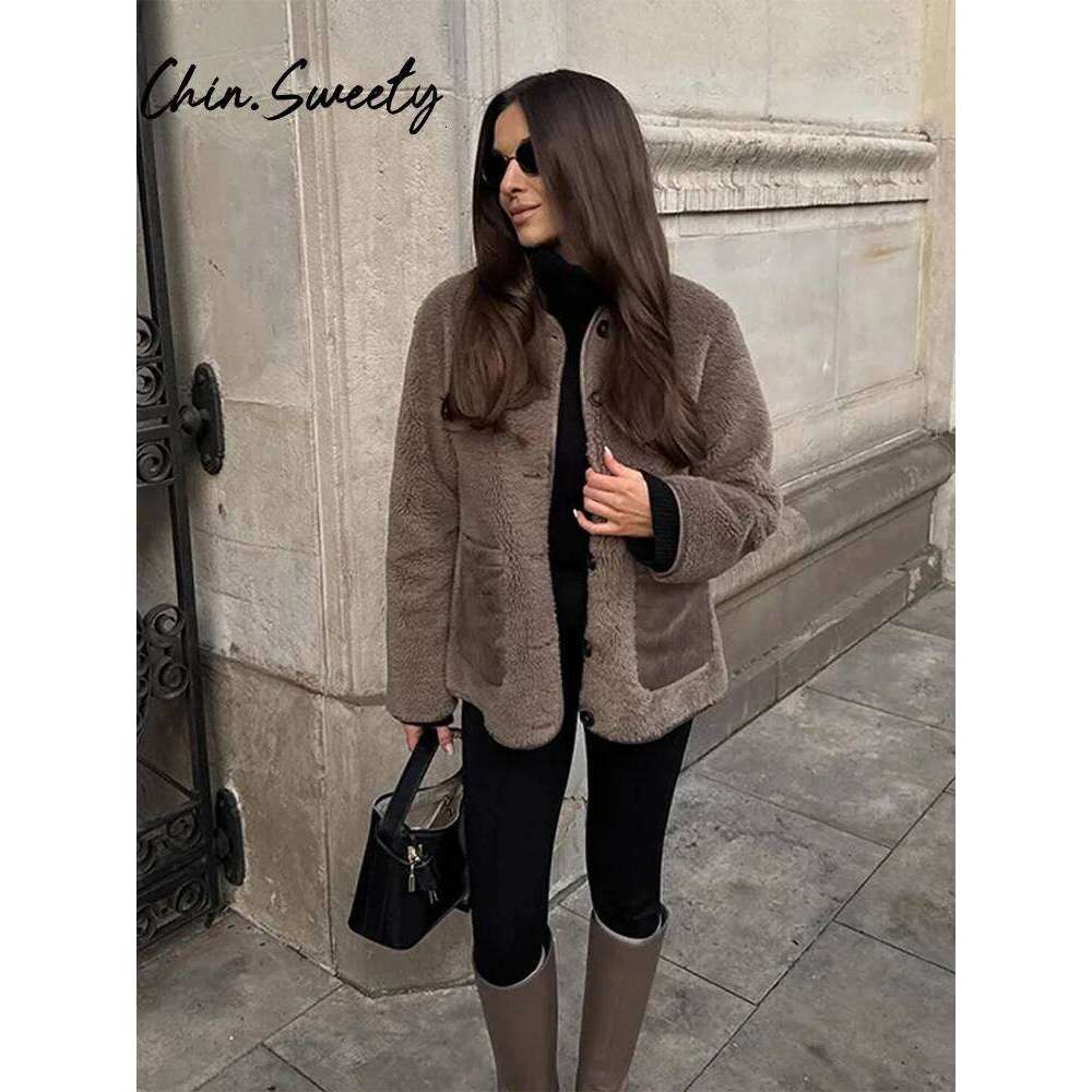 Vintage Lamb Solid Women Coat Casual Full Sleeve Single Breasted Pocket Lady Jacket 2025 Spring Autumn Patchwork Female Overcoat