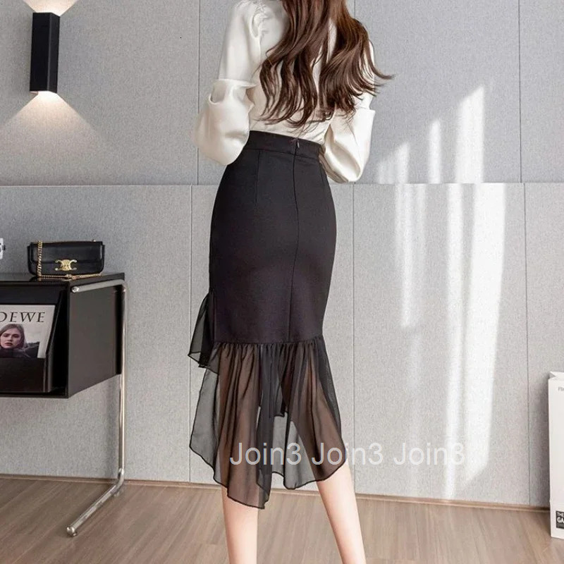 Midi Wrap Woman Skirt Chiffon Black High Waist Patchwork Tight Premium Cheap Stylish Vintage Casual Quality Y2k Skirts for Women