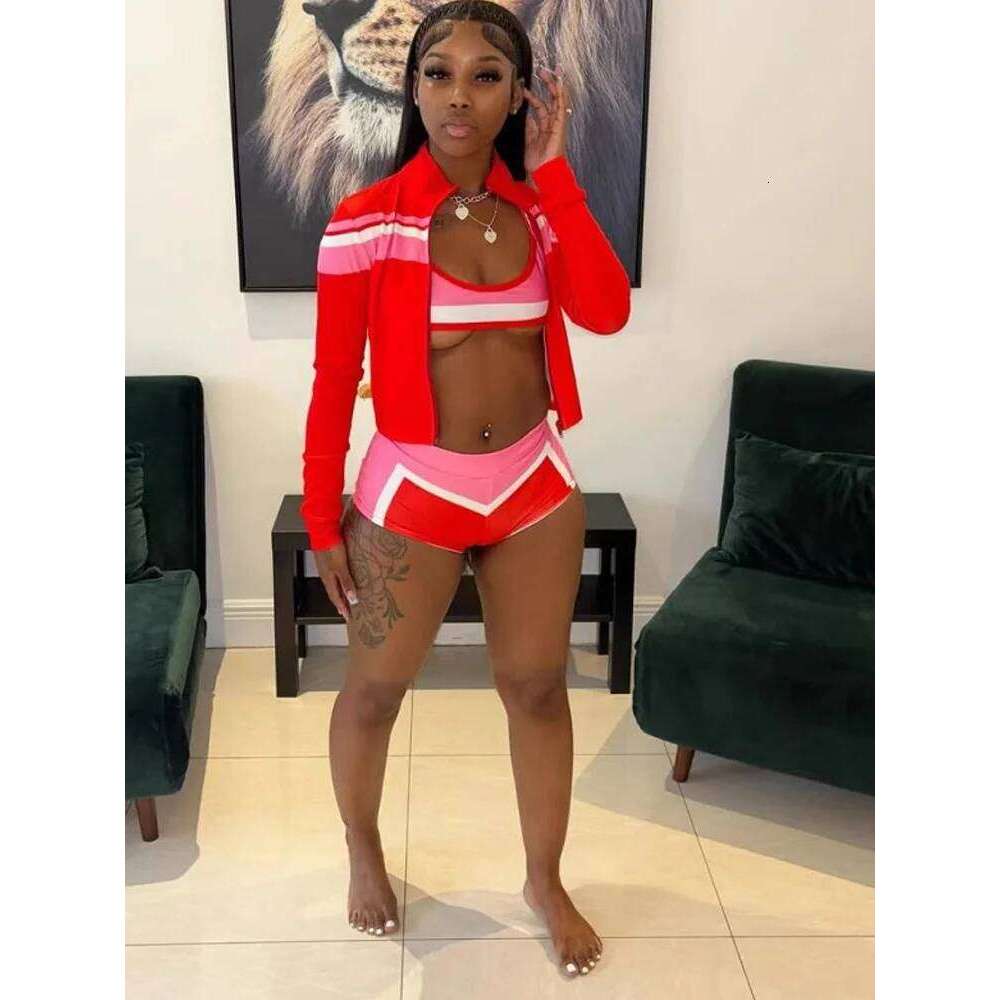 Wear Kricesseen Womens Color Block Sweatshirt Jacket Top And Matching Shorts Red Swimsuits 3 Piece Outfits Beach Set Active Wear