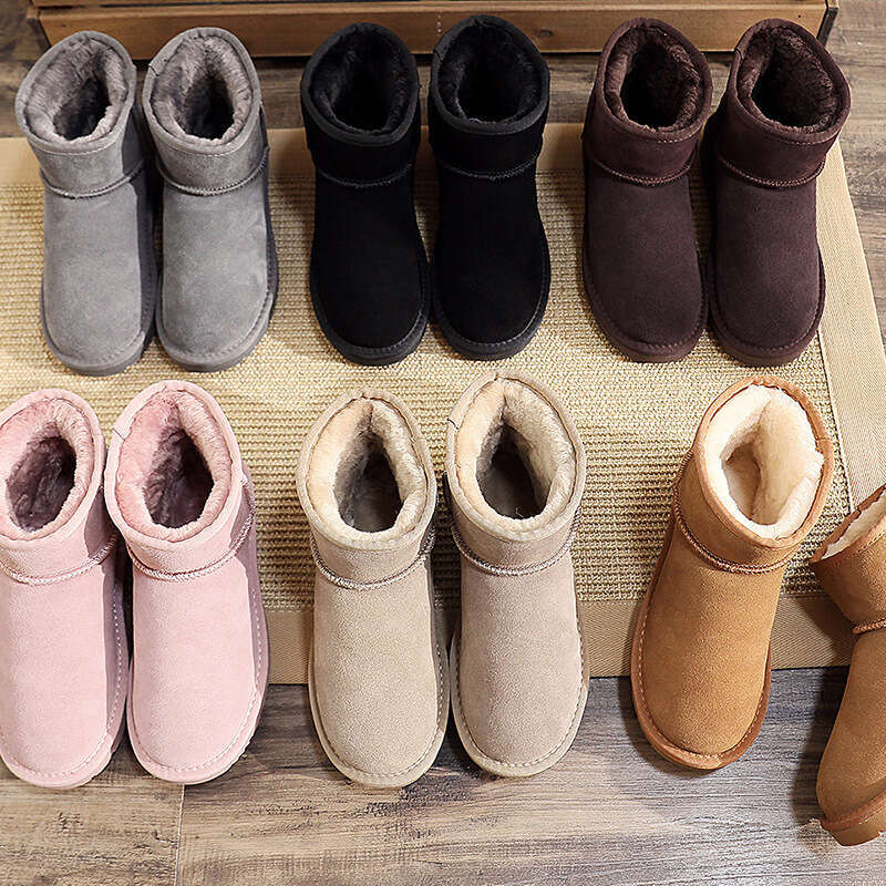 EBV Cowhide Snow for Women, Short Boots, Sheepskin Integrated, Versatile Women's Cotton Shoes, Leather Boots with Fleece and Thickened