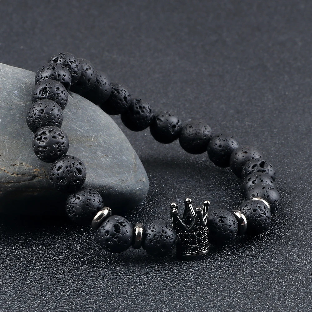 Vintage CZ King Crown Charm Bracelets For Men 8mm Natural Black Lava Stone Beads Stretch Fashion Women Healing Jewelry 250613