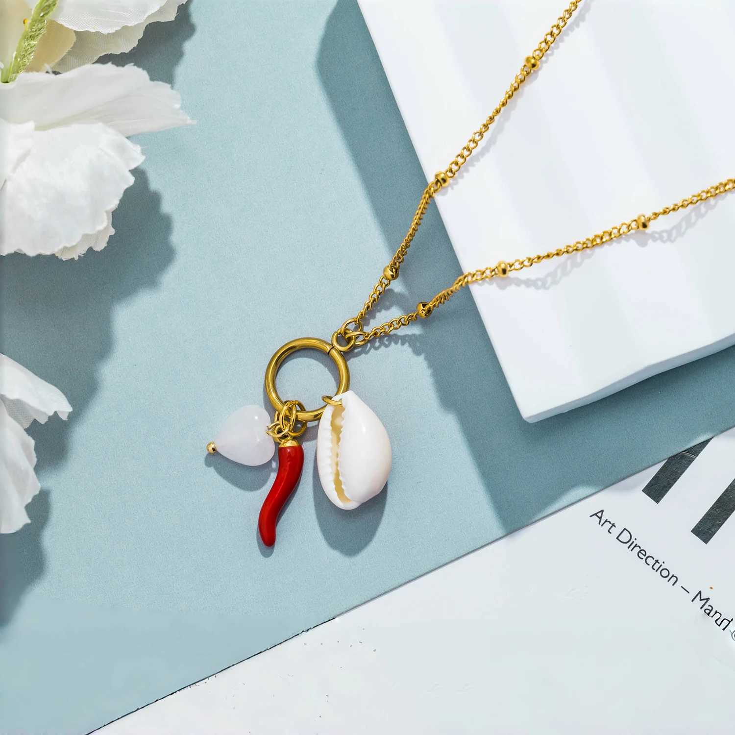 Red Chili Enamel Dangle Natural Stone Shell Pendant Fashion Gold Color Stainless Steel Chains Necklaces for Women Jewelry Gift W250618