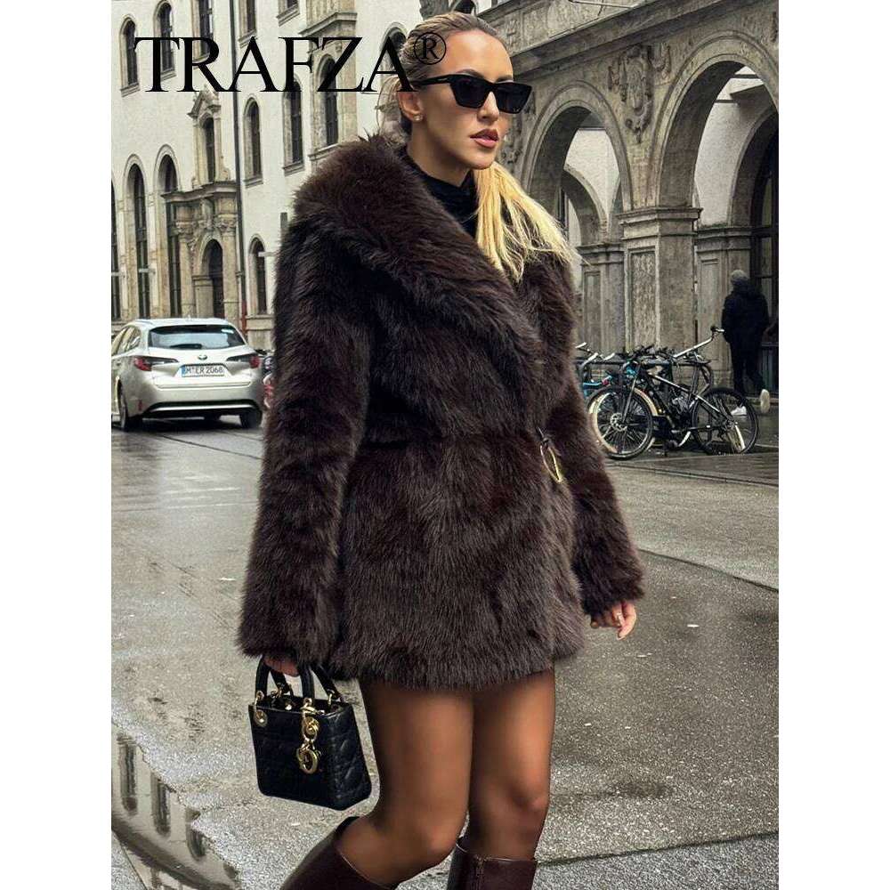TRAFZA Winter Coat Woman Trendy Solid Turn Down Collar Long Sleeves Belt Decoration Female Vintage Thick And Warm Outerwear