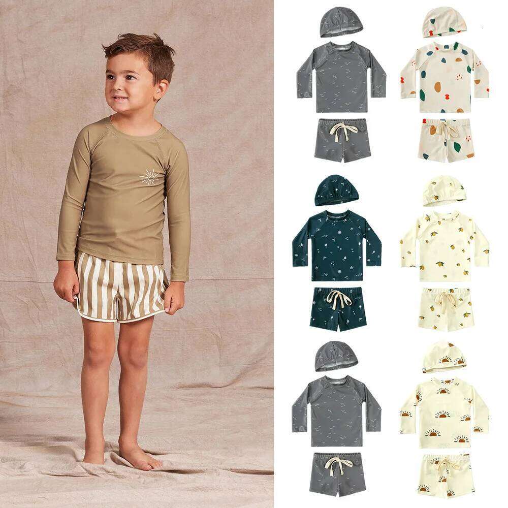 PearlPaddlers 1-7T Children Surfing Swim Suit Summer Kids Swimsuits Vacation Beach Pants Long Sleeve Tops with Hat Toddler Sets
