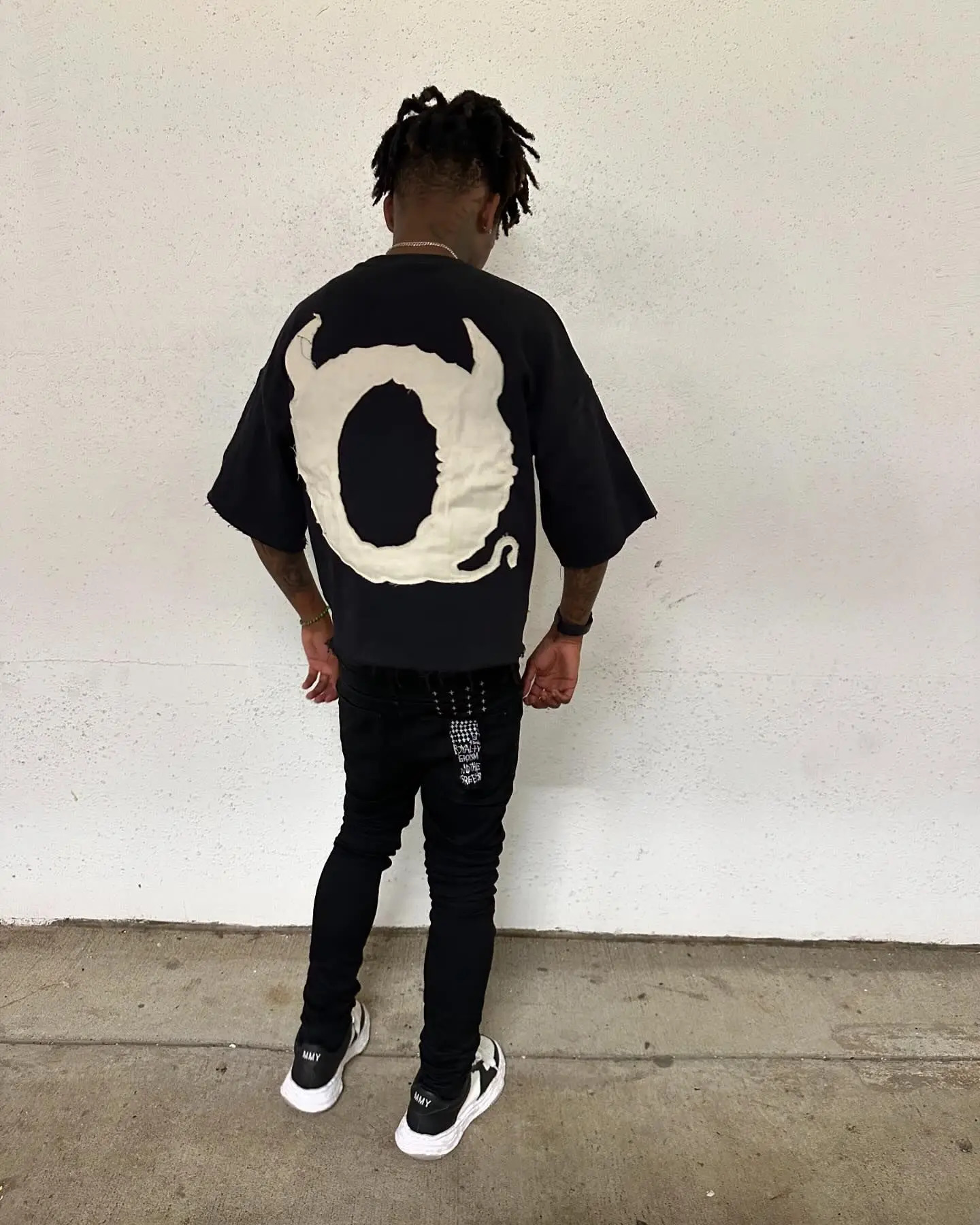 Oversized Loose Letter Demon Patchwork Streetwear T Shirts for Men Y2K Harajuku Hip-hop Women Half Sleeve Tops Fashion Clothing 250617