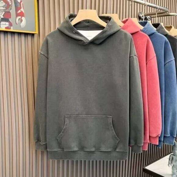 400g Pure Cotton American Vintage Style Solid Color Loose Hoodie Couple Jacket for Men
