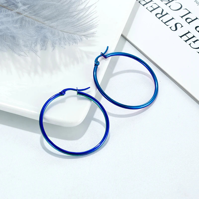 Trend Blue Purple Hoop Earrings Exaggerated Stainless Steel Geometric Bohemian Round Circle Ear Rings Women Ear jewelry Gift 250603