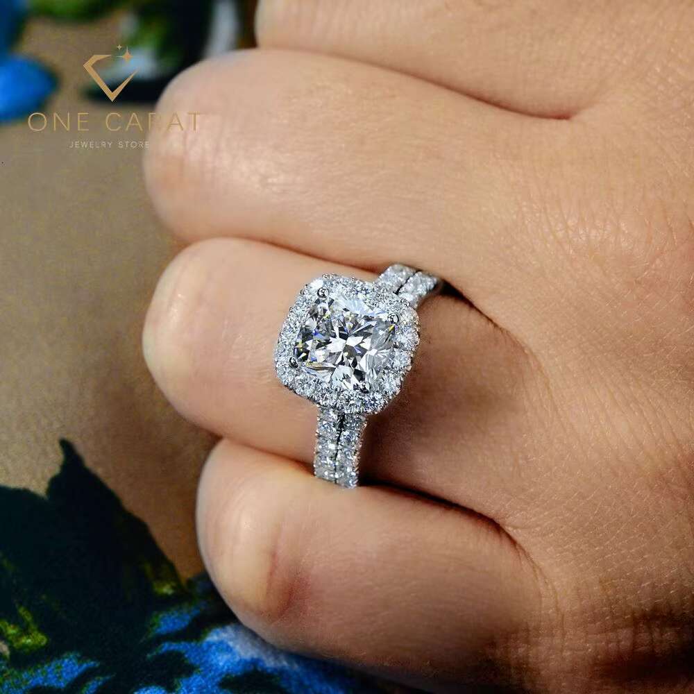 Classic Halo Moissanite Square Cushion Cut Engagement Ring Solid 14K White Gold Women D Color 1CT 2CT 3CT Gold Wedding Rings Set