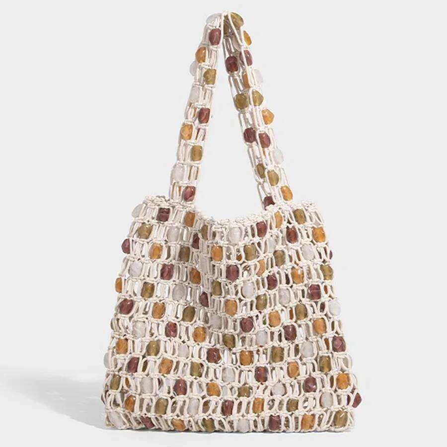 Women Beaded Summer Design Hollow-out Woven Bead Tote Shoulder Bag Female Small Handbag