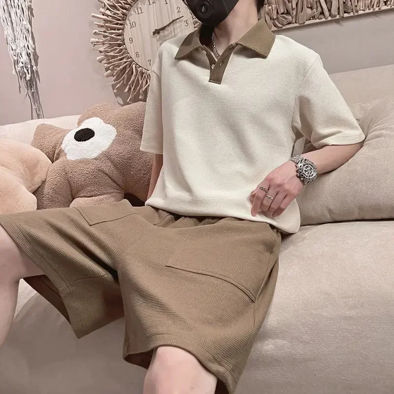 Tracksuit No Shorts Sets Sportswear T Shirt Man Khaki Mens Clothing Cool Sports Suits Korean Style Top 2 Piece Outfit XL 250617