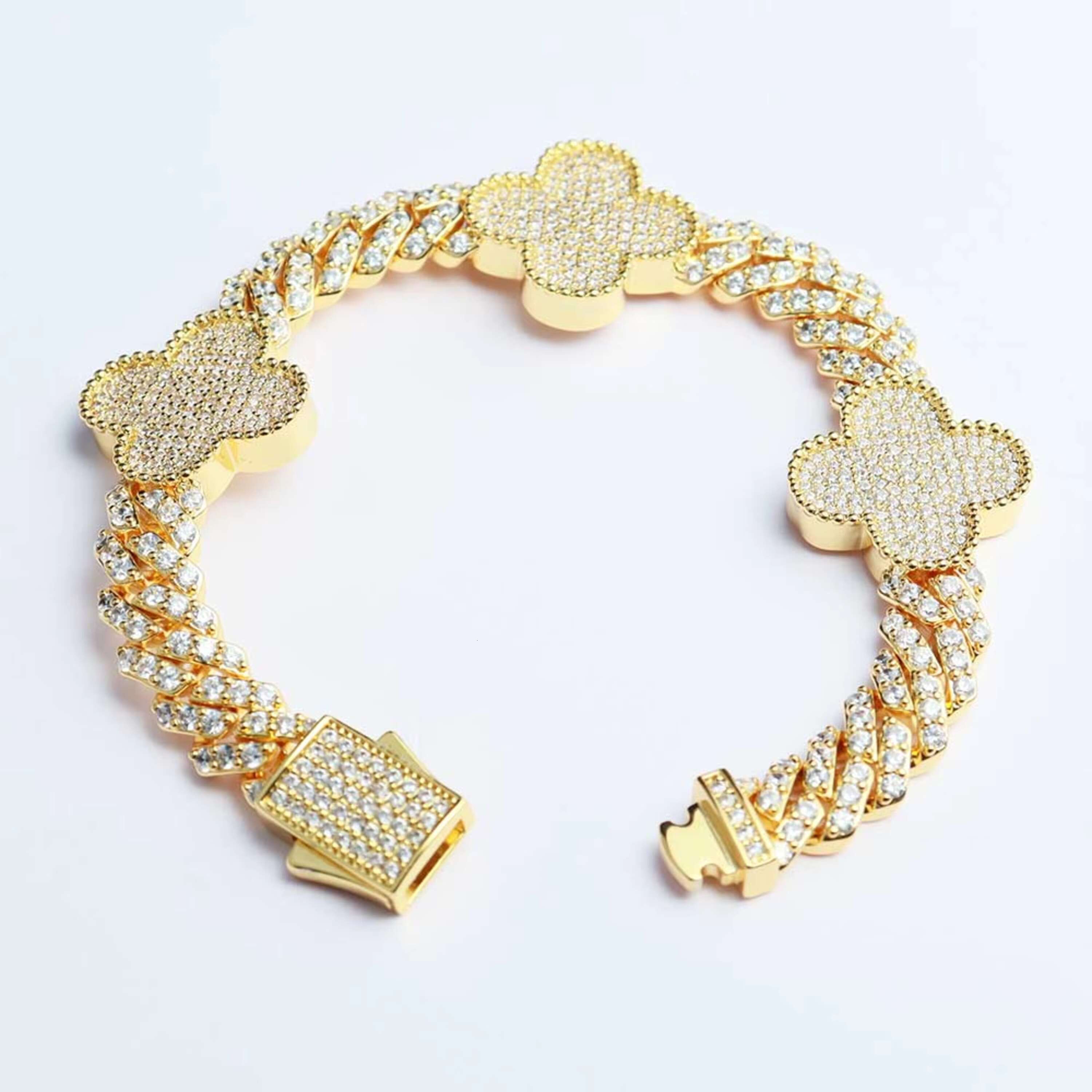8MM Four Leaf Moissanite Cuban Link Bracelet 14K Gold Plated 925 Sterling Silver Iced Out Hip Hop VVS D Color Moissanite Jewelry