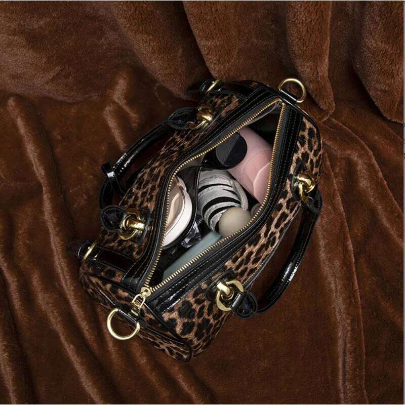 2025 New Crossbody Shoulder Leopard Print Women's Handbag Leather Large Capacity Boston Pillow Bag