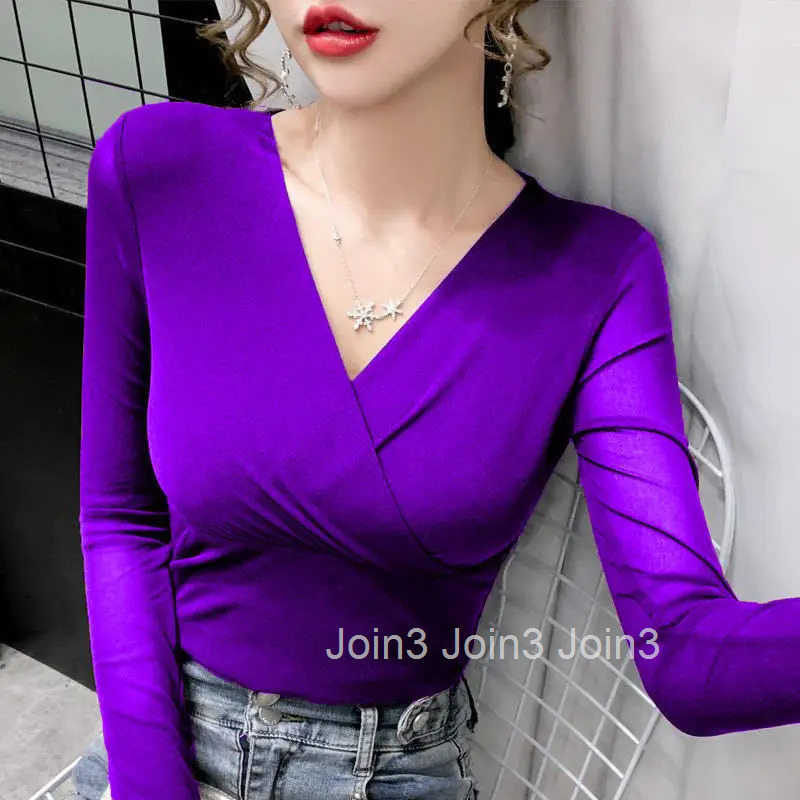 Green Sexy Tshirts 2025 Female Tops Womens T Shirts V Neck Purple Korean Style Clothes Luxury High Quality Long Sleeve Alt Tees