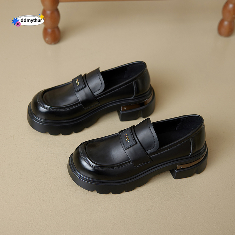 Loafers for Women 2025 Spring and Autumn New Genuine Thick Sole British Style Small Leather with Metal Buckle Slip-On Chunky Heel Single Shoes ddmythu