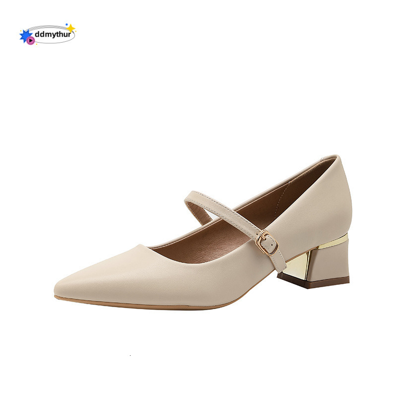 2024 New Spring Summer One-Strap Chunky Heel Mary Jane Women's Fashion Soft Leather Pointed Toe Shallow Mouth Mid-High Single Shoes Women ddmythu