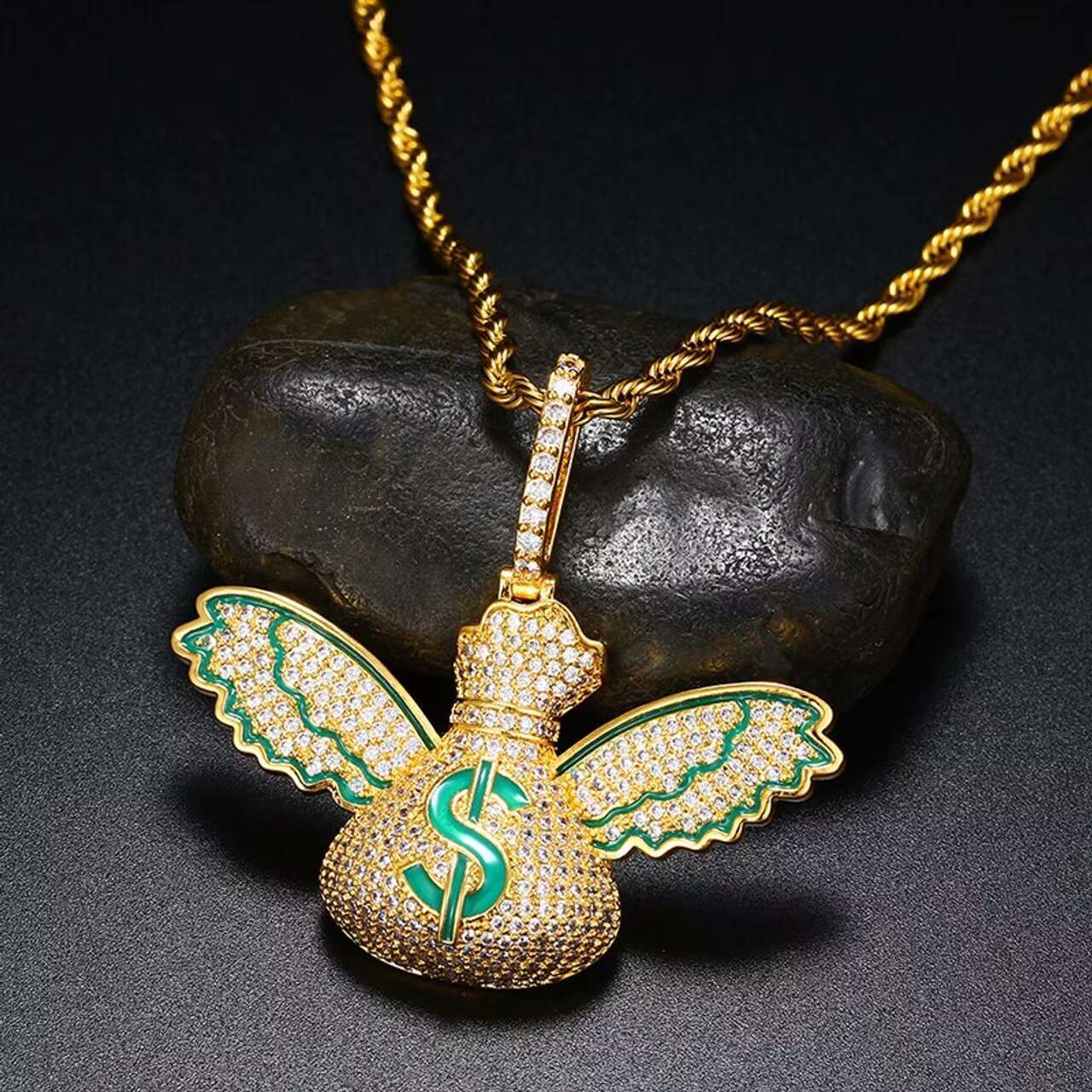 18K Gold 925 Silver Iced Dollar Sign Pendant with Money Bag Wings Hip Hop Style Moissanite Jewelry for Men and Womens Charm