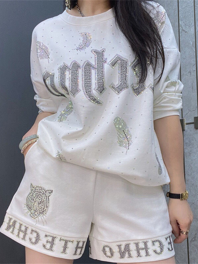 Diamond studded women's elastic waist versatile shorts, women's summer high waist slimming Roman cotton wide leg hot pants