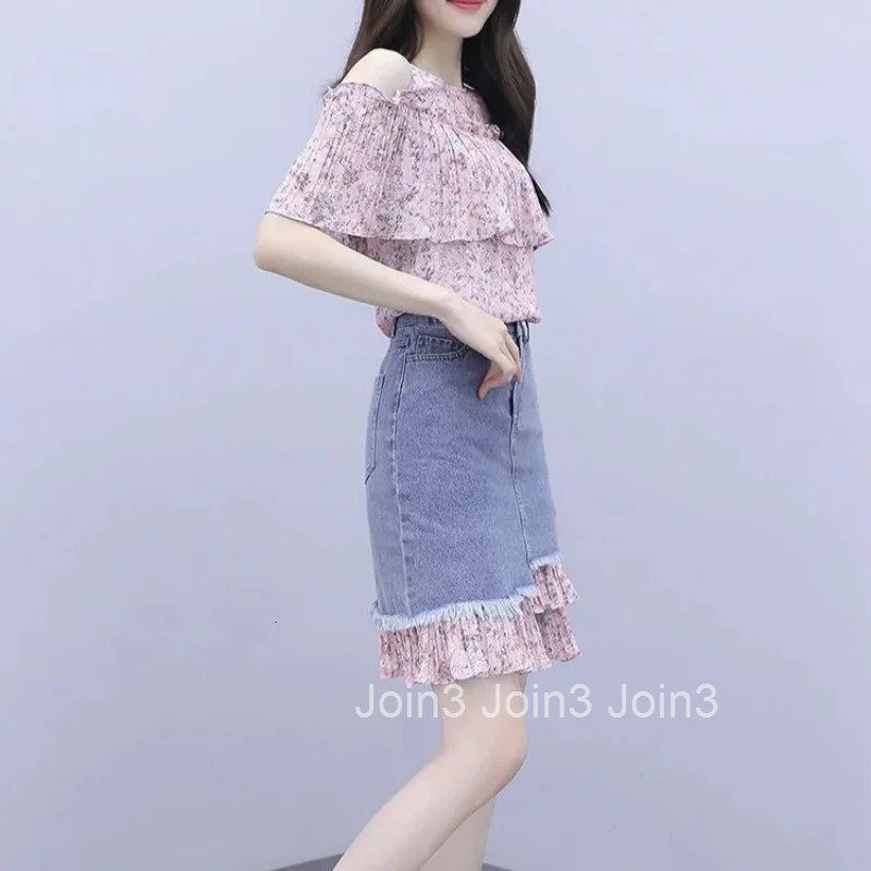 Short Sleeve Skirt Womens Two Piece Set Kawaii Female Outfits Printing Denim Chic and Elegant Jacket Full Summer Fashion 2025