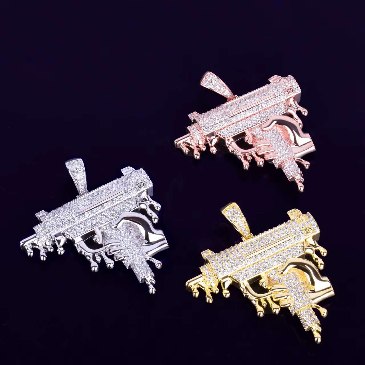 18K Rose Gold .925 Silver Hip Hop Pendant Hand Holding Dripping Uzi Machine Gun Moissanite Charm
