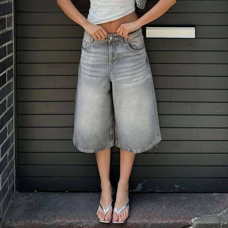 Wear Women Bermuda Denim Shorts Boyfriend Baggy Calf Length Pants Y2k Aesthetic Wide Leg Carpenter Jean American Retro Streetwear