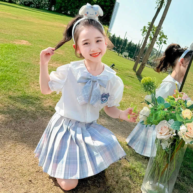 Sanrio 2025new Sanrio Cinnamoroll Jk Pleated Skirt Two-Piece Set Children Birthday Party Costume Gift Girls Summer Clothes Dress SuitXJ250618