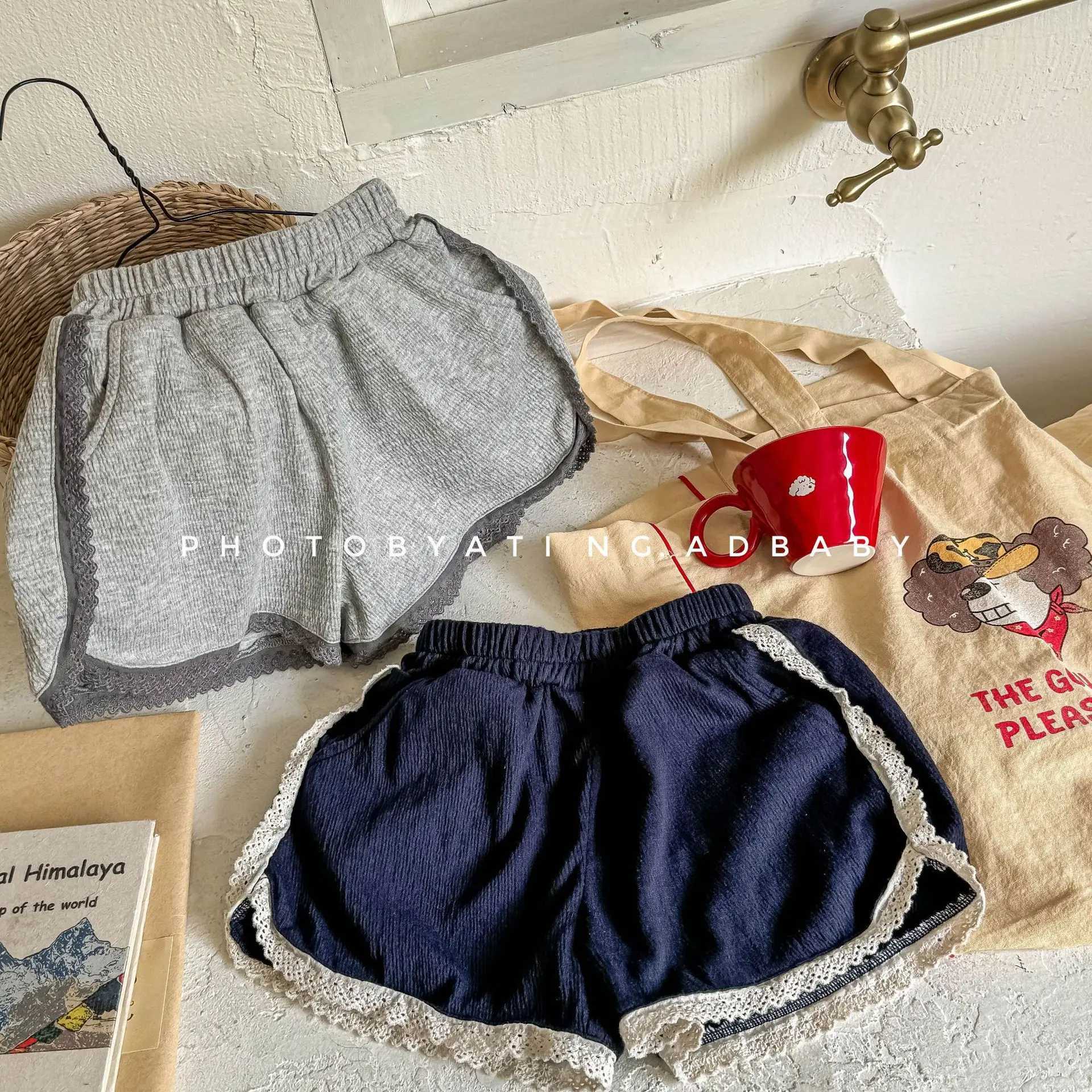 Girls Lace Shorts 0-6 Years 2025 Summer New Children Cotton Casual Pants Baby Girl Gray Blue Loose Shorts Fashion Kids ClothesC250617
