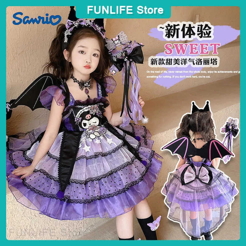 Sanrio Girls Kuromi Lolita Dress Princess Skirt Spring Summer Slip Dress Headband Wings Necklace Children Party Dress Cosplay CostumeXJ250618